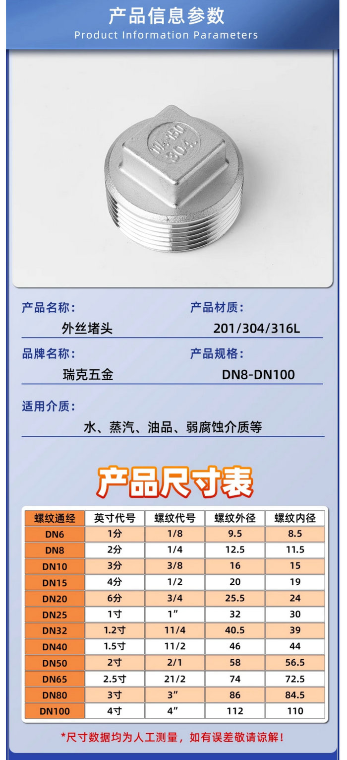 不銹鋼外絲堵頭：201/304/316