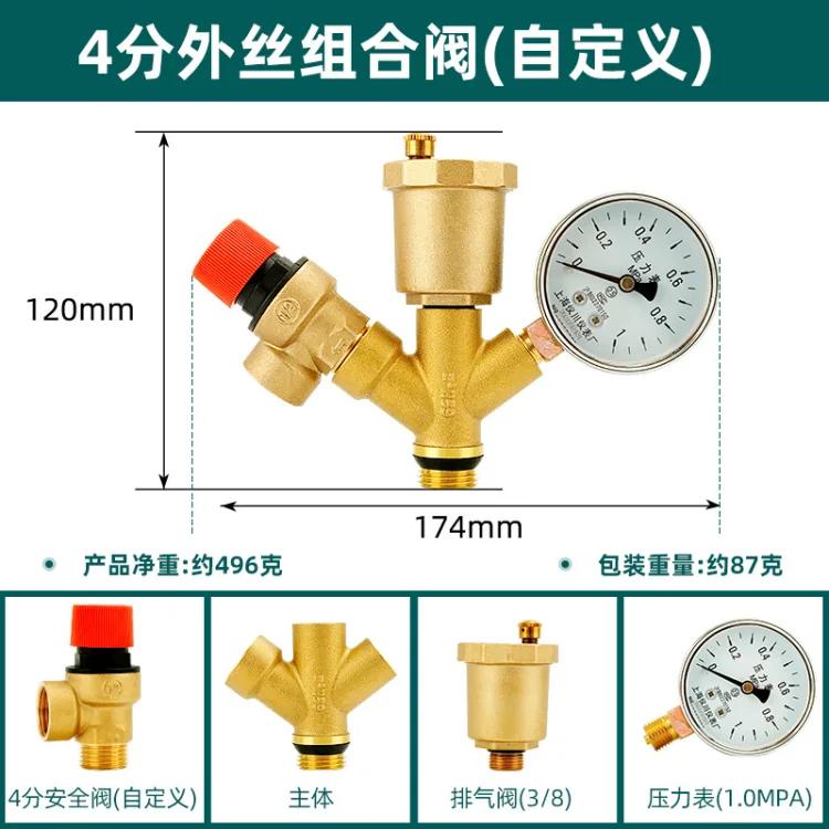 水箱安全組件：泄壓閥、自動排氣閥、壓力表