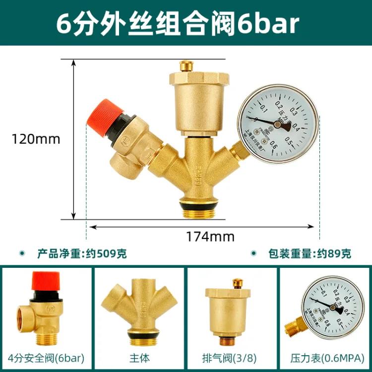 水箱安全組件：泄壓閥、自動排氣閥、壓力表