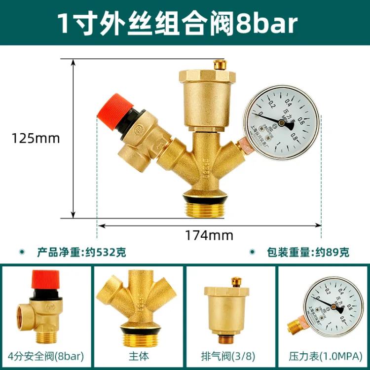 水箱安全組件：泄壓閥、自動排氣閥、壓力表